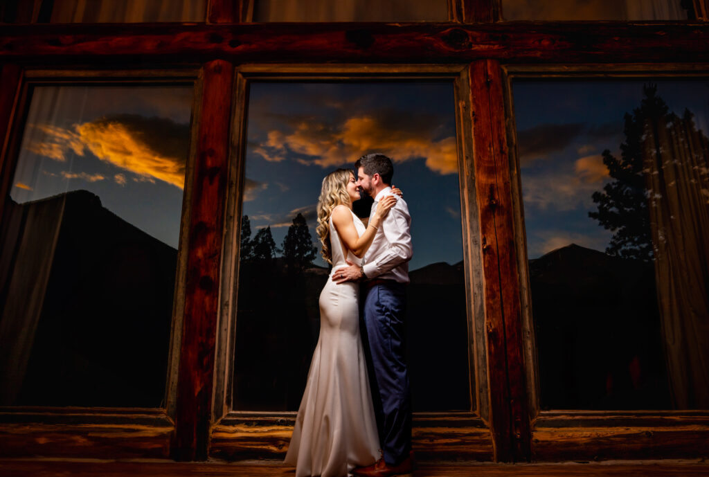 Sunset wedding photo portrait of the bride and groom